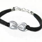Silver Double Infinity Bracelet Wire Wrapped Black..