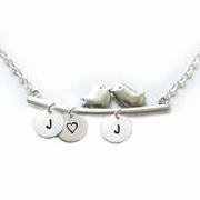 2 Bird Initial Necklace Custom Metal Hand Stamped Pendant Personalized Jewelry Charms
