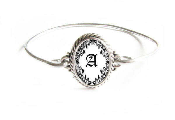Wire Wire Initial Bracelet Silver Wire Wrapped Bangle Jewelry Black & White
