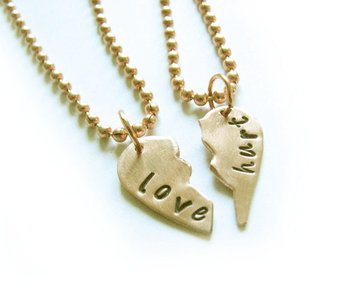 Hand Cut Broken Heart Necklace Split Hand Stamped Pendant Ball Chain Jewelry Copper Or Brass