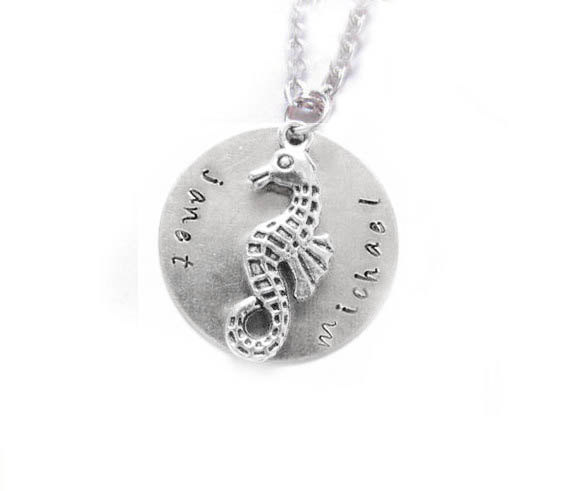Silver Seahorse Pendant Hand Stamped Necklace Personalized Jewelry Chain Choose Aluminum Or Brass Or Copper