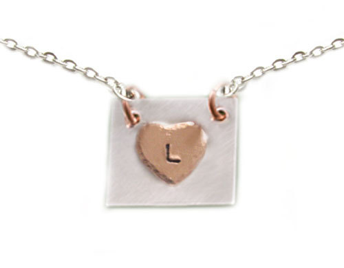 Copper Heart Square Initial Necklace Customize Hand Stamped Hammered Personalized Pendant Wedding Birthday
