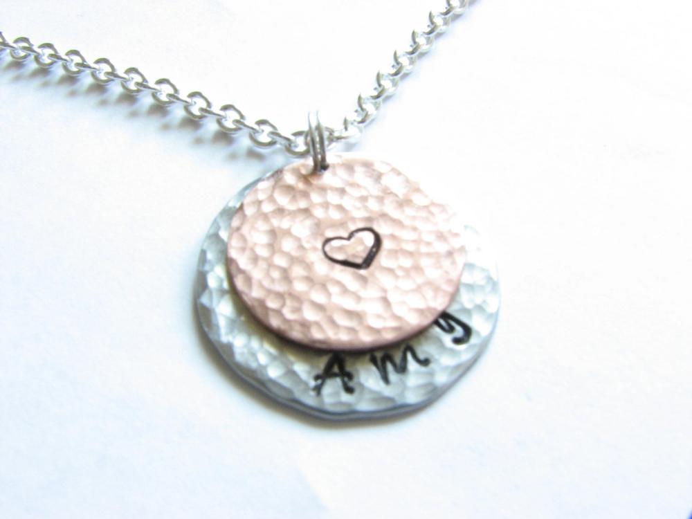 2 Hammered Necklace Personalized Hand Stamped Custom Pendant Chain Copper