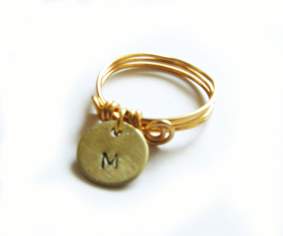 Dainty Initial Wire Wrapped Ring Metal Custom Hand Stamped Personalized Brass Ring Jewelry
